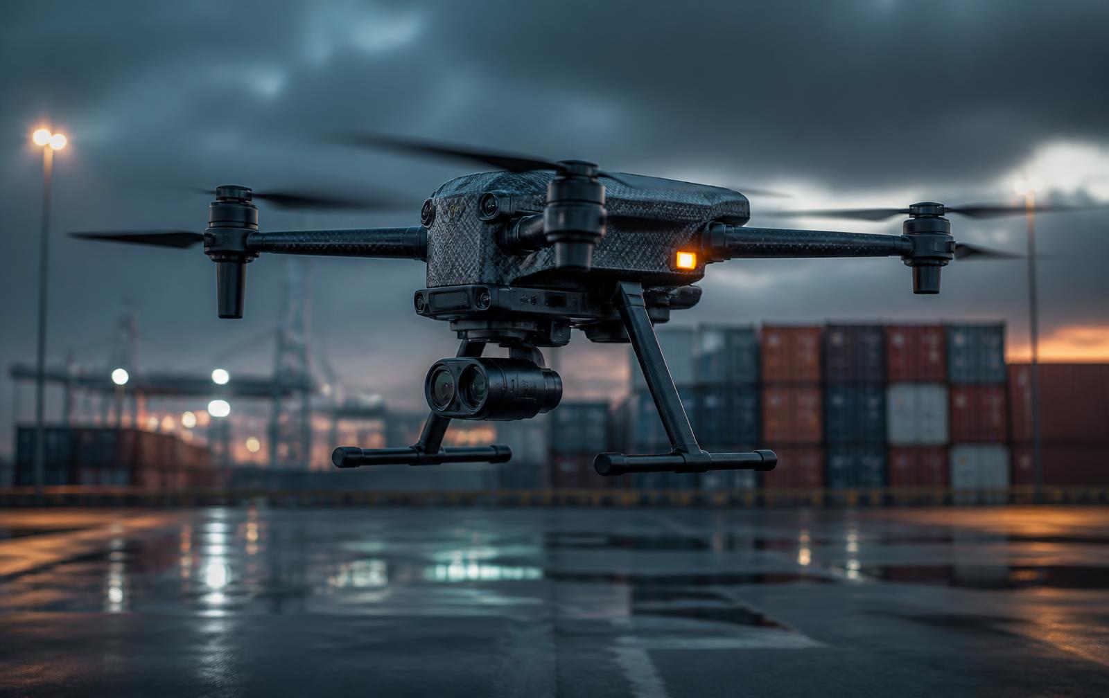 Industrial survey drone hovering above a logistics terminal