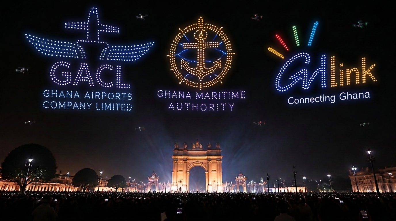 Drone light show above a monumental ceremonial square at night