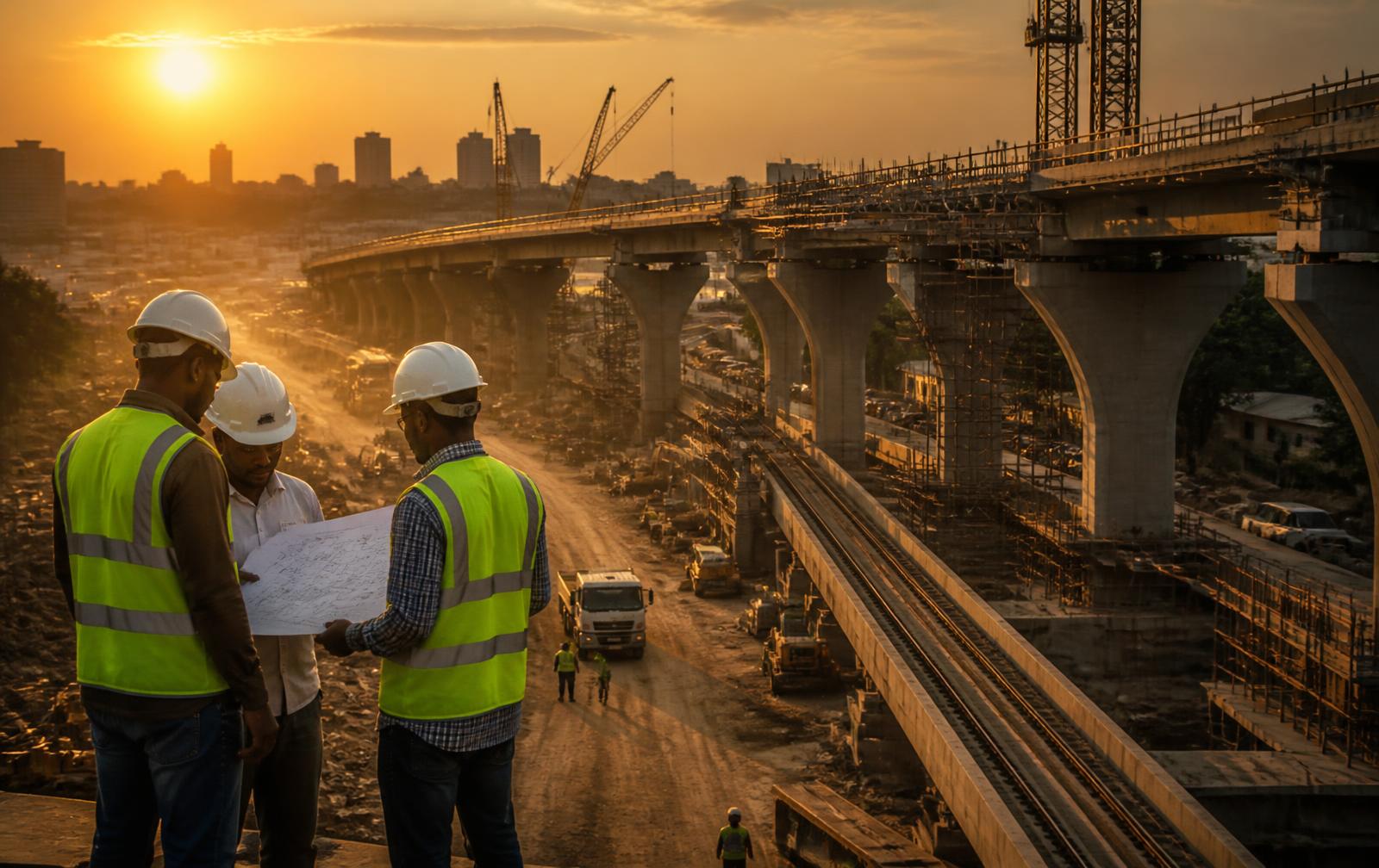 Engineers reviewing plans at an elevated highway and rail construction site