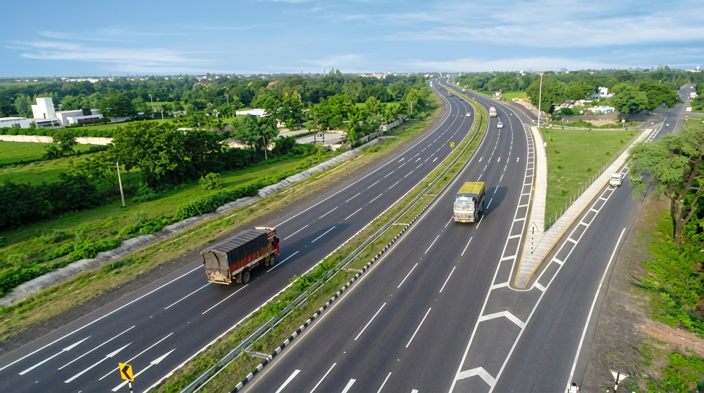 Divided highway with freight vehicles and green surroundings