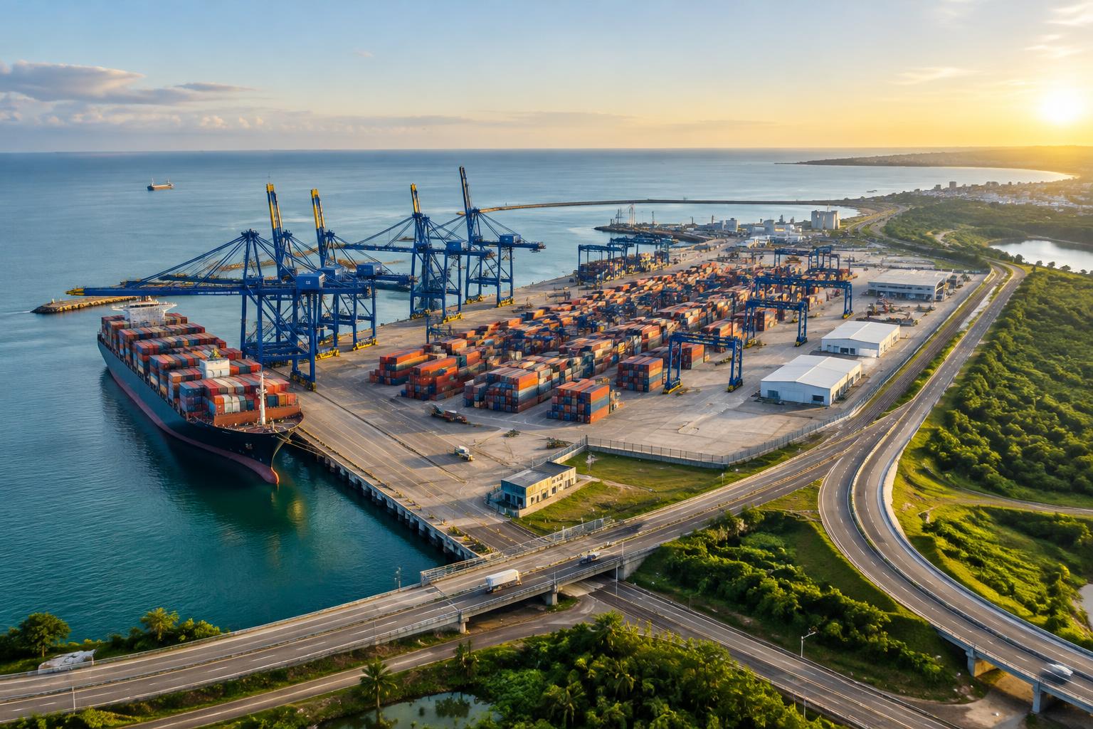 Illustrative view of an integrated coastal container port and connecting roads